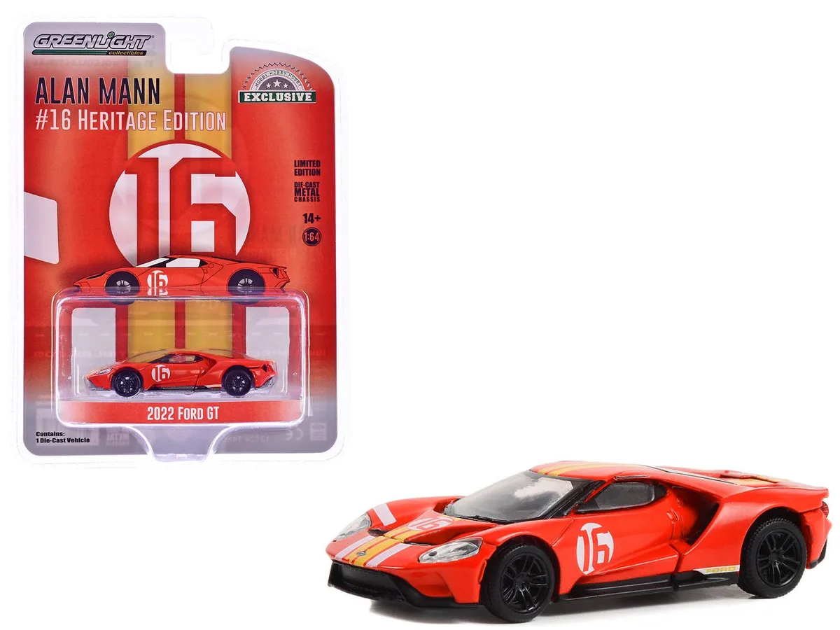 GREENLIGHT GREENLIGHT 2022 Ford GT Heritage Edition #16 1966 AM GT-1 Prototype Tribute Red with Stripes 1/64 Diecast Car — product photo