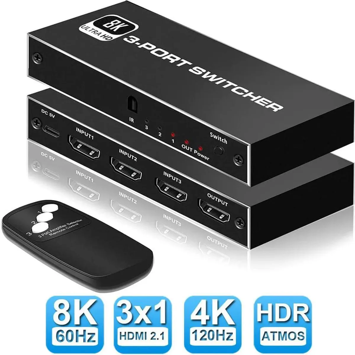 Vszerda Vszerda 8K HDMI 2.1 video switch 3 in 1 out 48Gbps remote — product photo