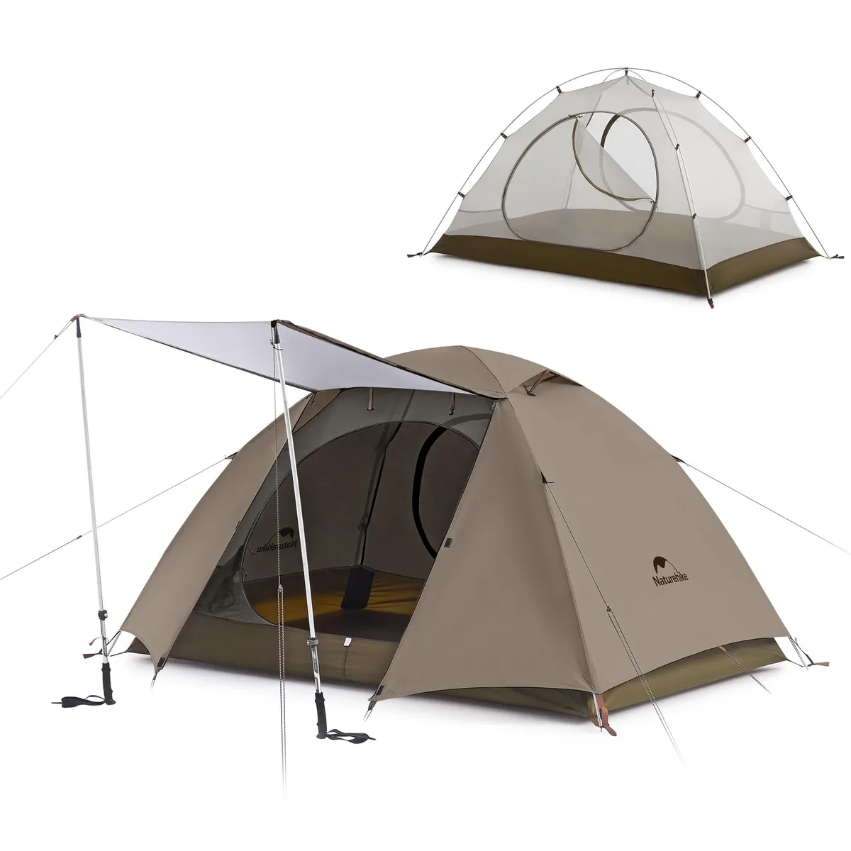 Brown dome backpacking tent with silver-coated fly, two doors and mesh inner visible, packed in carry bag
