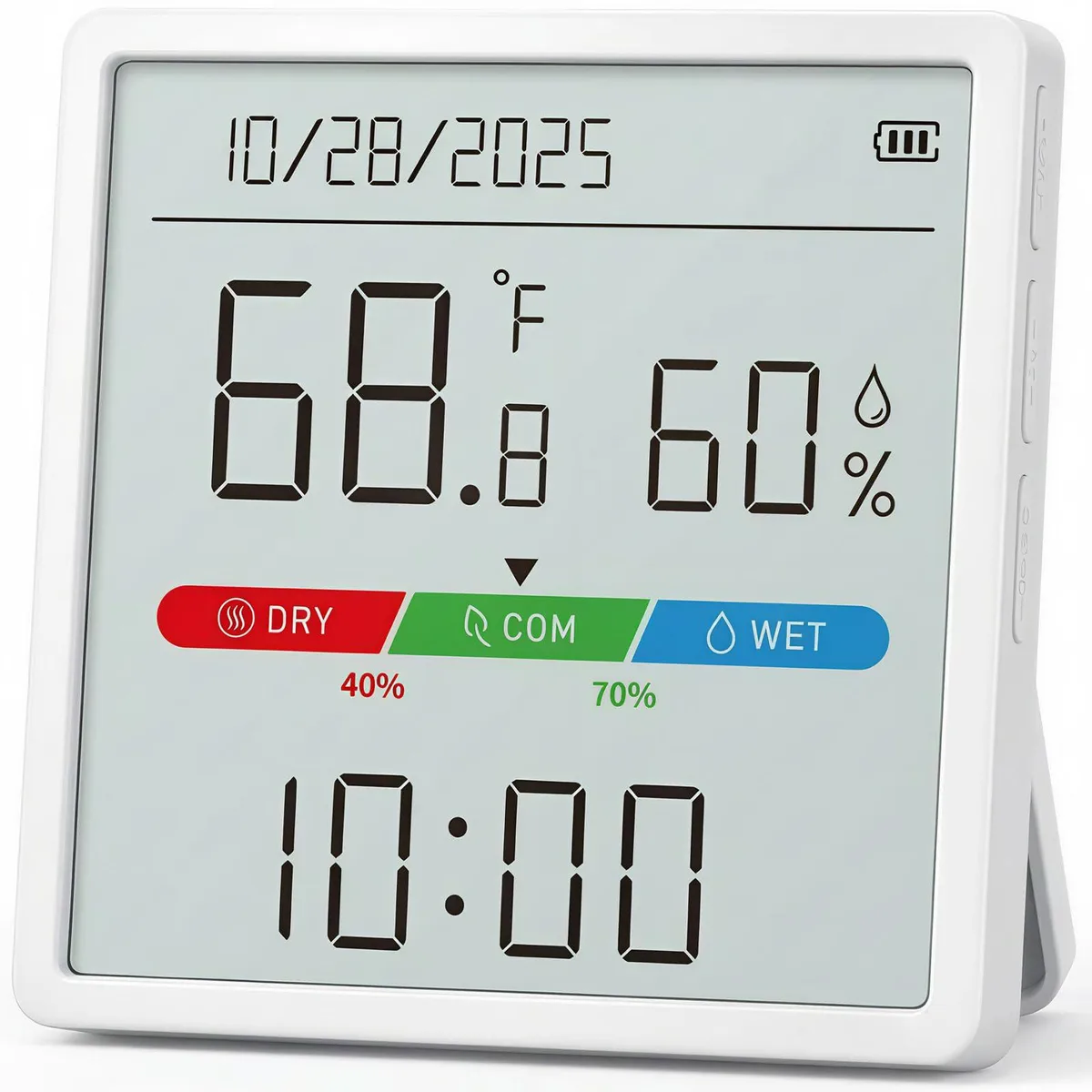 Yellow digital thermometer hygrometer with 4.4 inch LCD display showing temperature humidity time