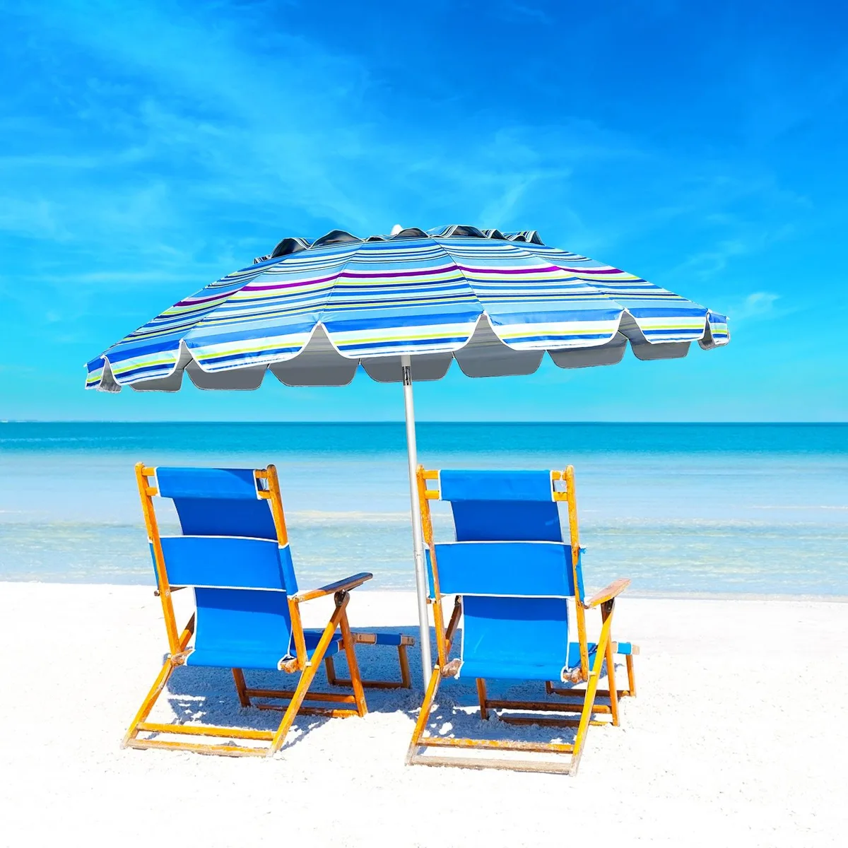 Blue 8.0 ft patio umbrella with 16 ribs and tilt mechanism