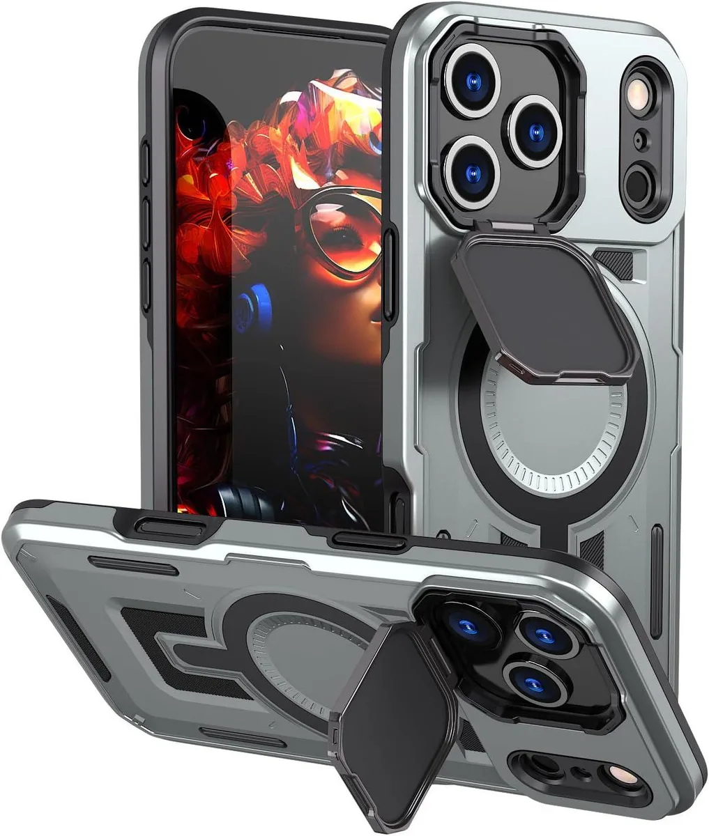 Gray rugged case for iPhone 17 Pro Max with camera cover kickstand