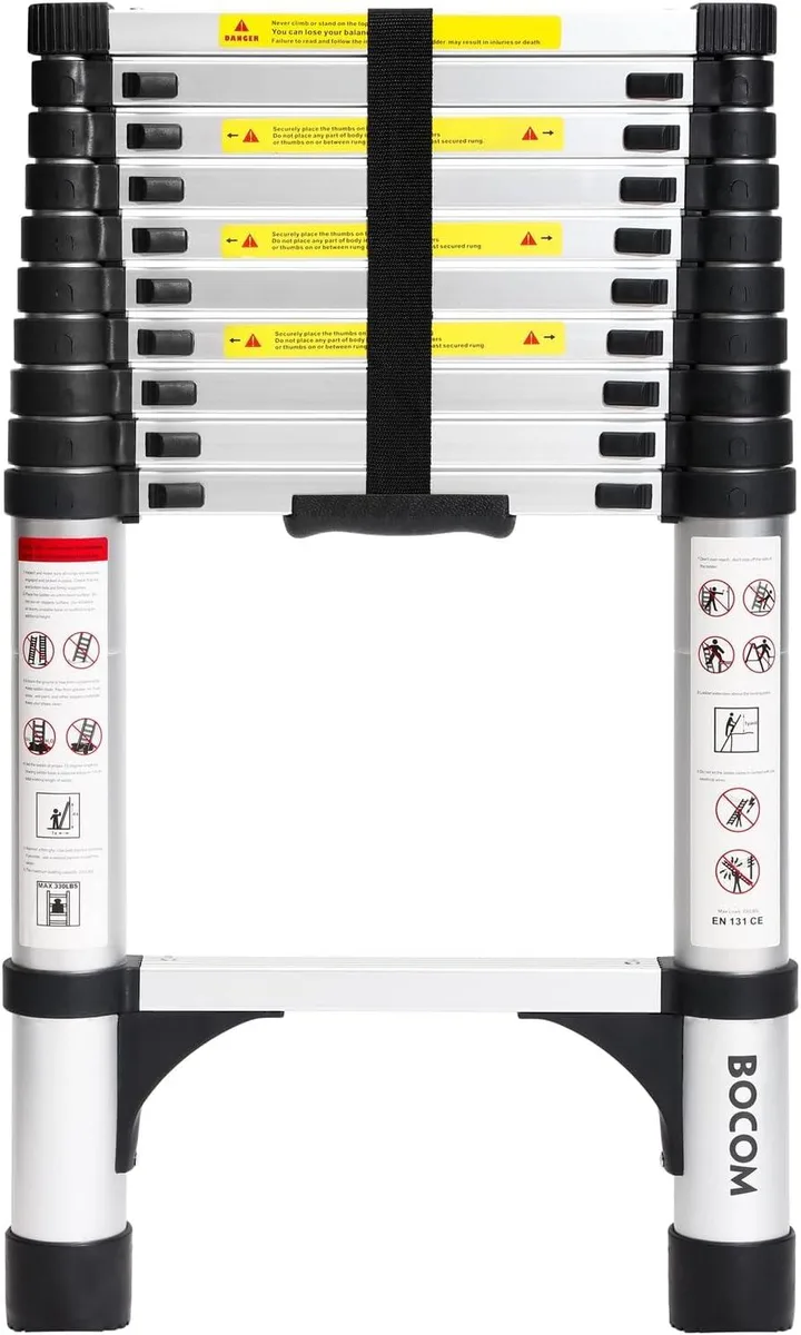 Silver aluminum telescoping ladder with two triangle stabilizers extended