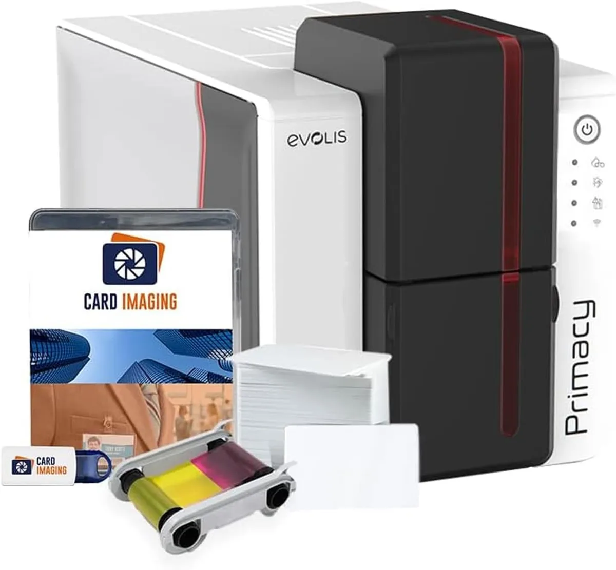 White rectangular card printer with front card slot and output tray