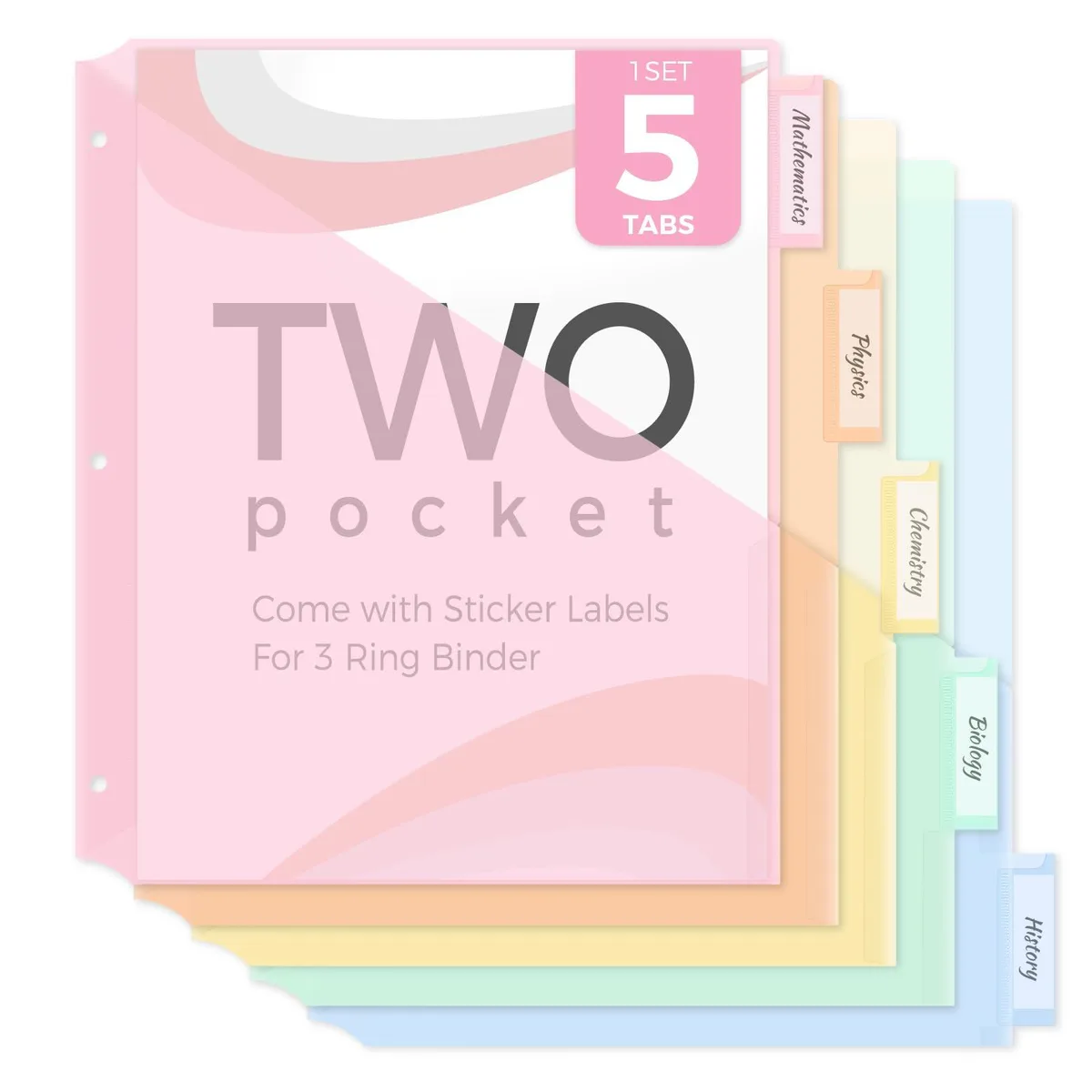 Pink polypropylene binder dividers with five tabs and two pockets