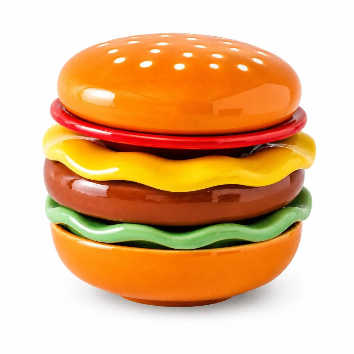 Six brown ceramic burger plates stack into a hamburger shape 4.13 in x 3.15 in