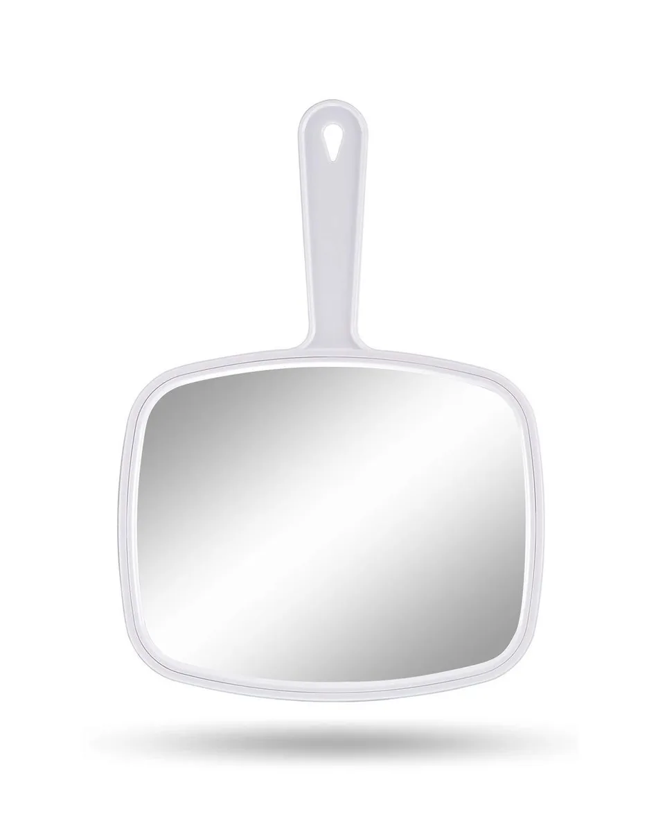 White rectangular handheld mirror with smooth handle and hang hole, 10.3 by 7.4 inches