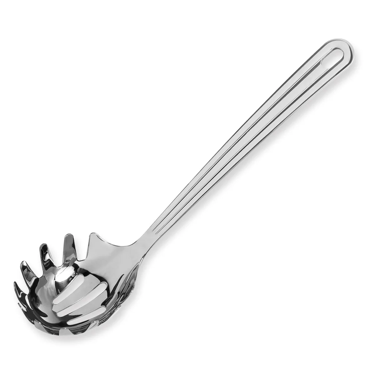 Silver stainless steel spaghetti server with toothed bowl and hanging hole