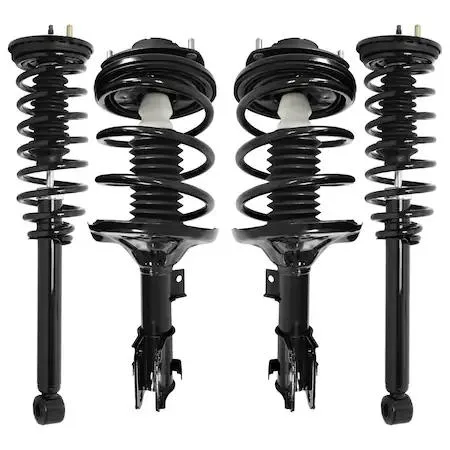 Four silver strut assemblies with coil springs and top mounts, two larger front units and two smaller rear units