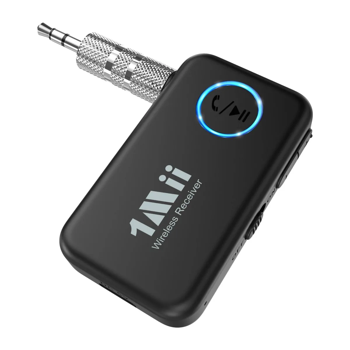 Small black Bluetooth 5.3 receiver with 3.5mm plug and volume buttons