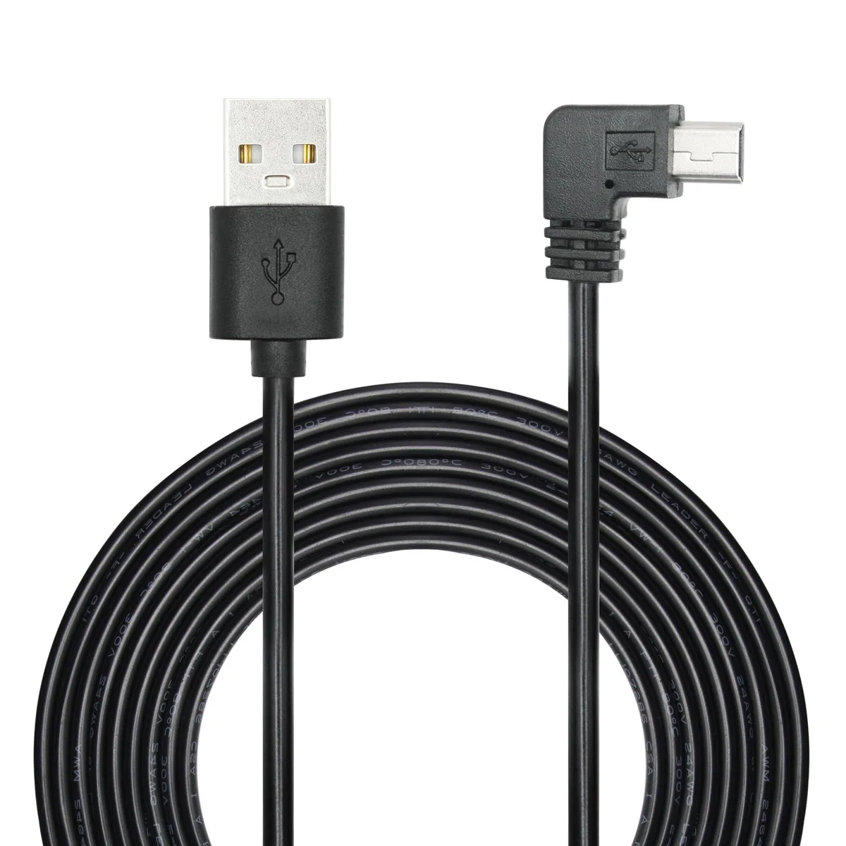 Black 90-degree left-angle Mini USB power cable, 11 ft long, male-to-male connectors