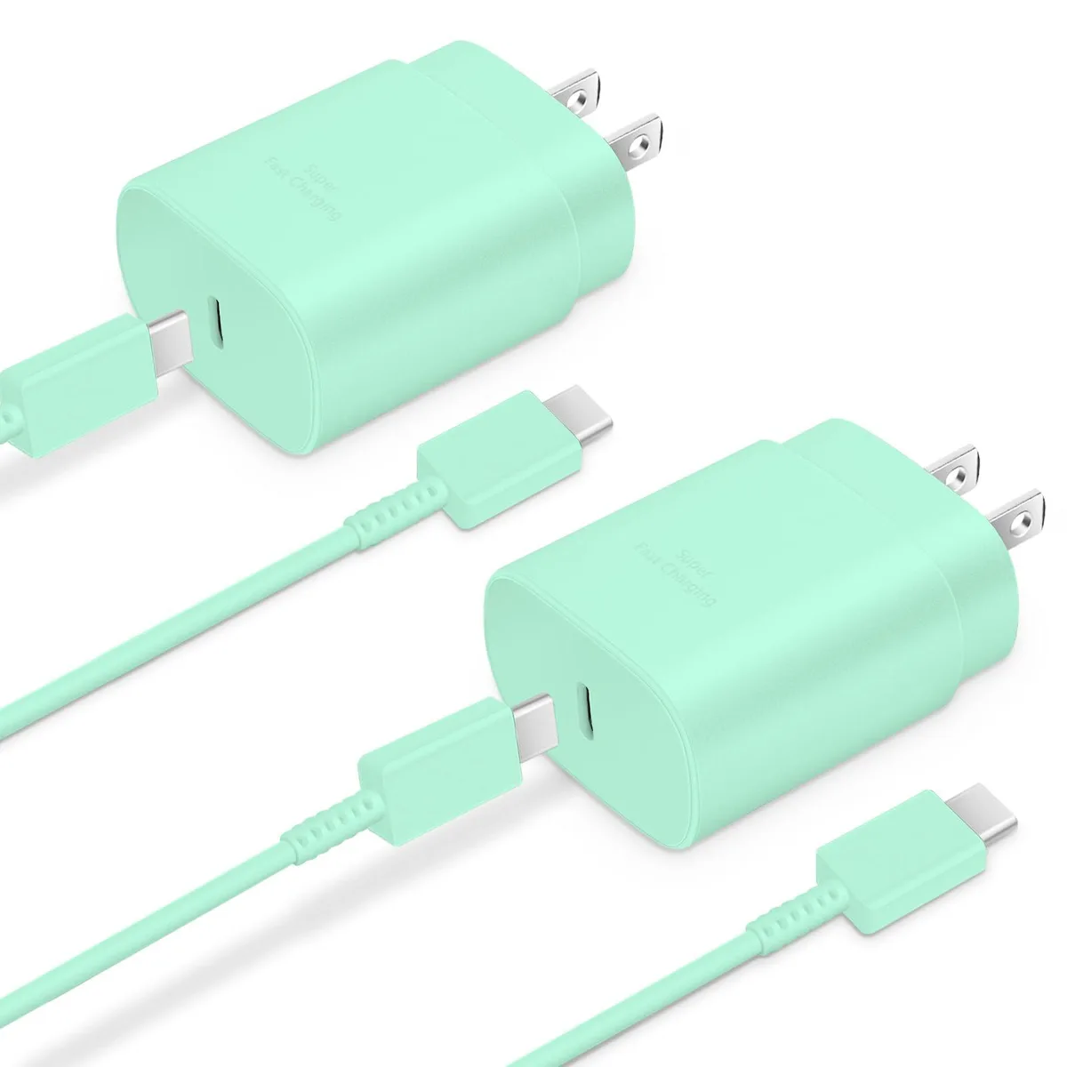 Two green 25W USB-C wall chargers with two matching 6ft cables