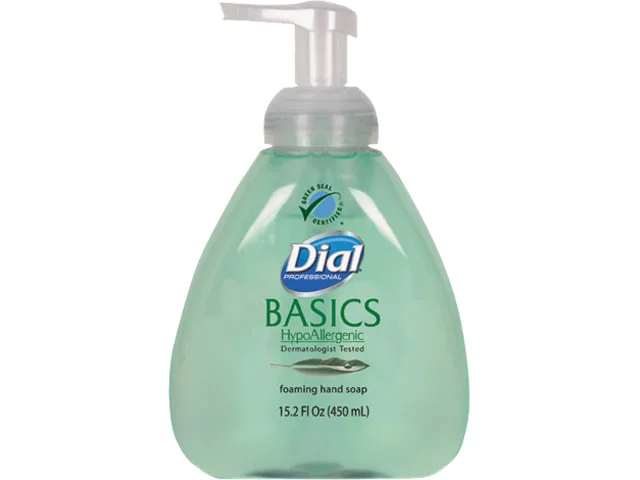 Green pump bottle of Dial foaming hand soap with aloe 15.20 oz