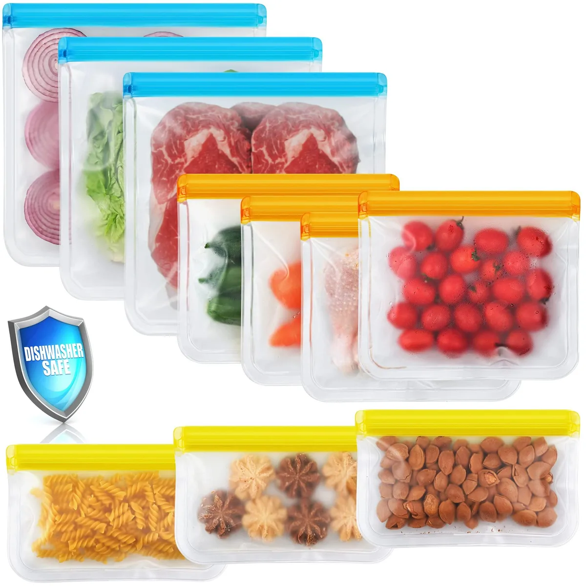 Ten beige PEVA reusable bags with zipper seals, three gallon three snack four sandwich sizes
