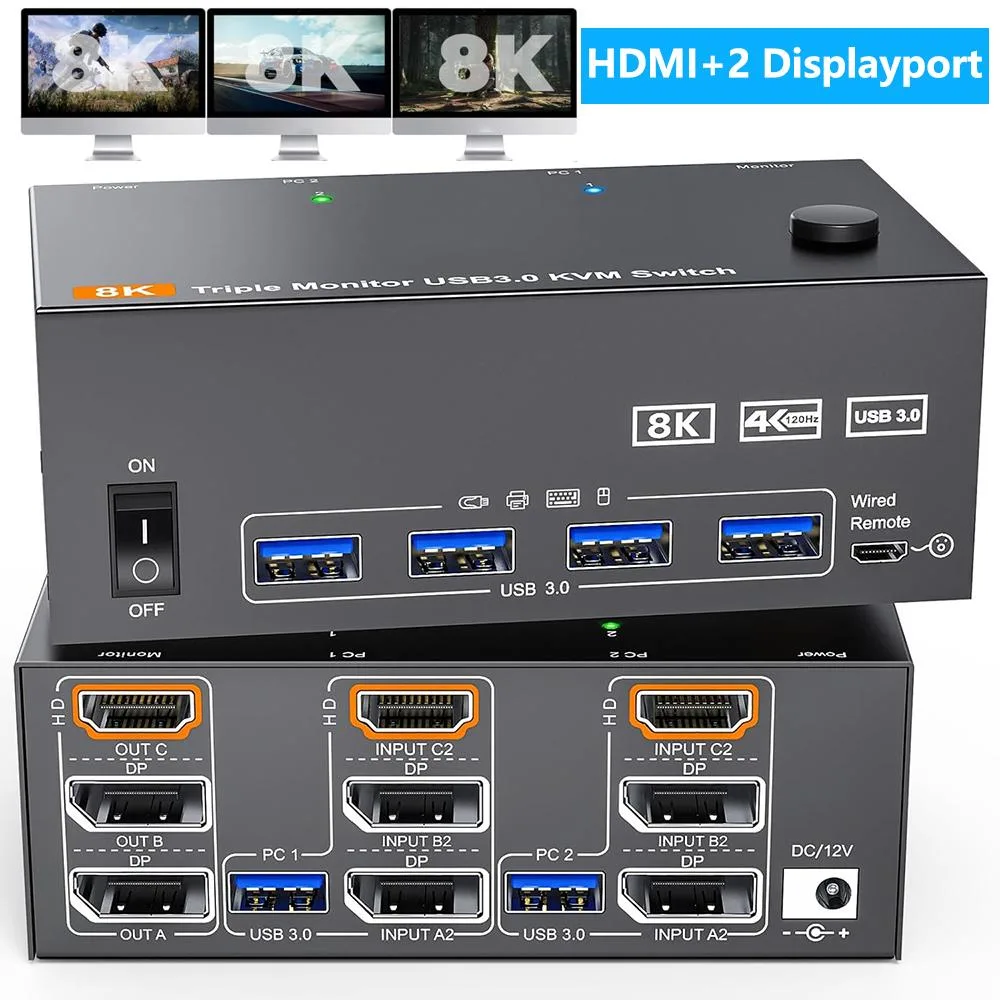 Hitoor Hitoor KVM Switch 2 PC 3 Monitor 8K 60Hz 4K 144Hz 2 DP 1.4 HDMI 2.1 USB 3.0 Wired Remote — product photo