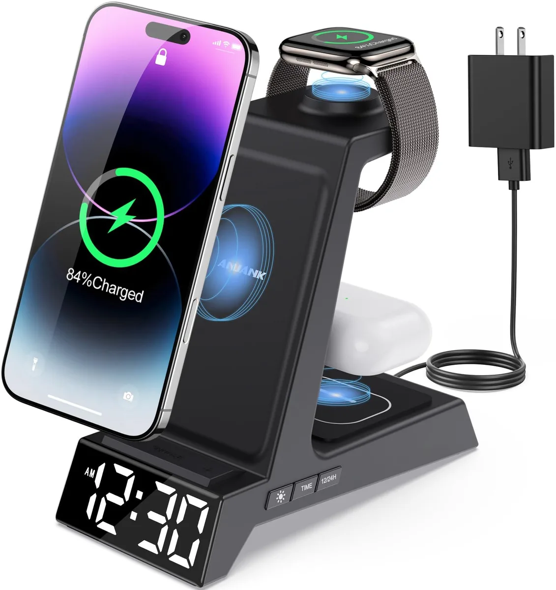  ANJANK AC199-Black 4-in-1 Wireless Charging Station Alarm Clock Black — product photo