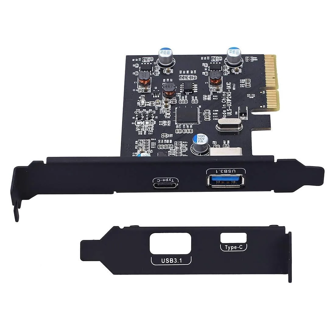Black PCI-E 4X riser card with one USB Type-C and one USB Type-A port