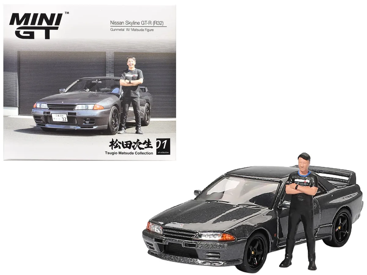 Mini GT Mini GT Nissan Skyline GT-R (R32) RHD Gunmetal Gray Metallic with Figure Limited Edition 1/64 Diecast — product photo