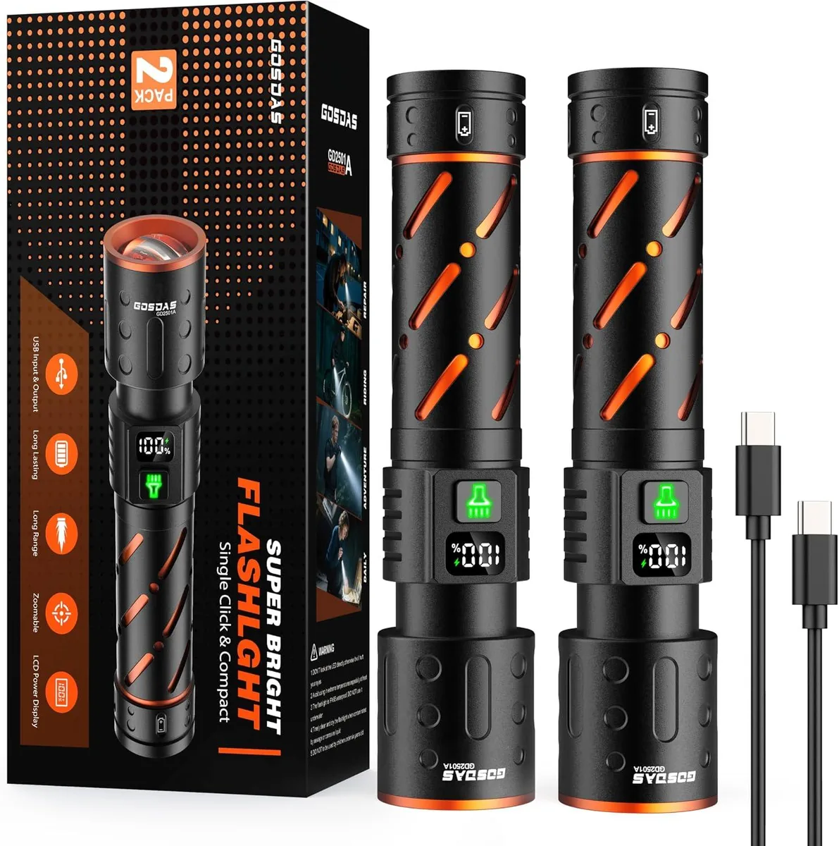 Two black cylindrical flashlights with LCD screens and USB-C ports lying side by side