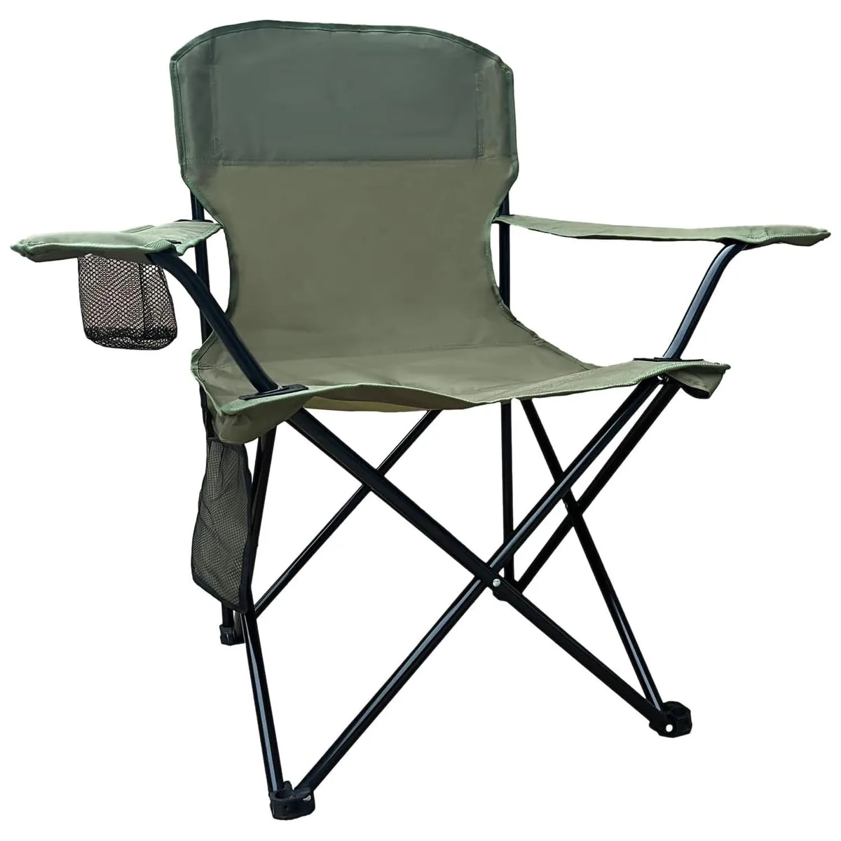 Green folding camp chair with cup holder and carry bag