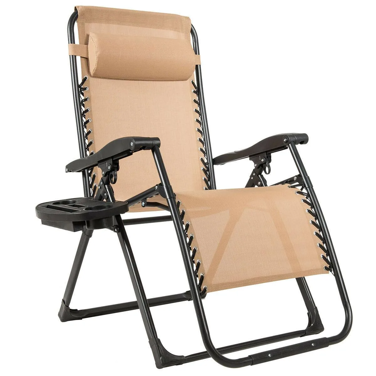 Beige oversize folding lounge chair with cup holder and adjustable headrest