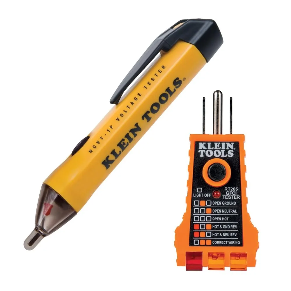Two compact testers: pen-style voltage detector and three-light GFCI receptacle checker, both in orange and black finish