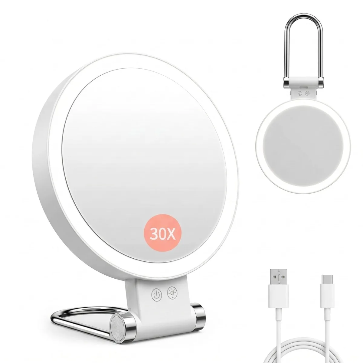 Round white ABS tabletop mirror with foldable handle and LED ring