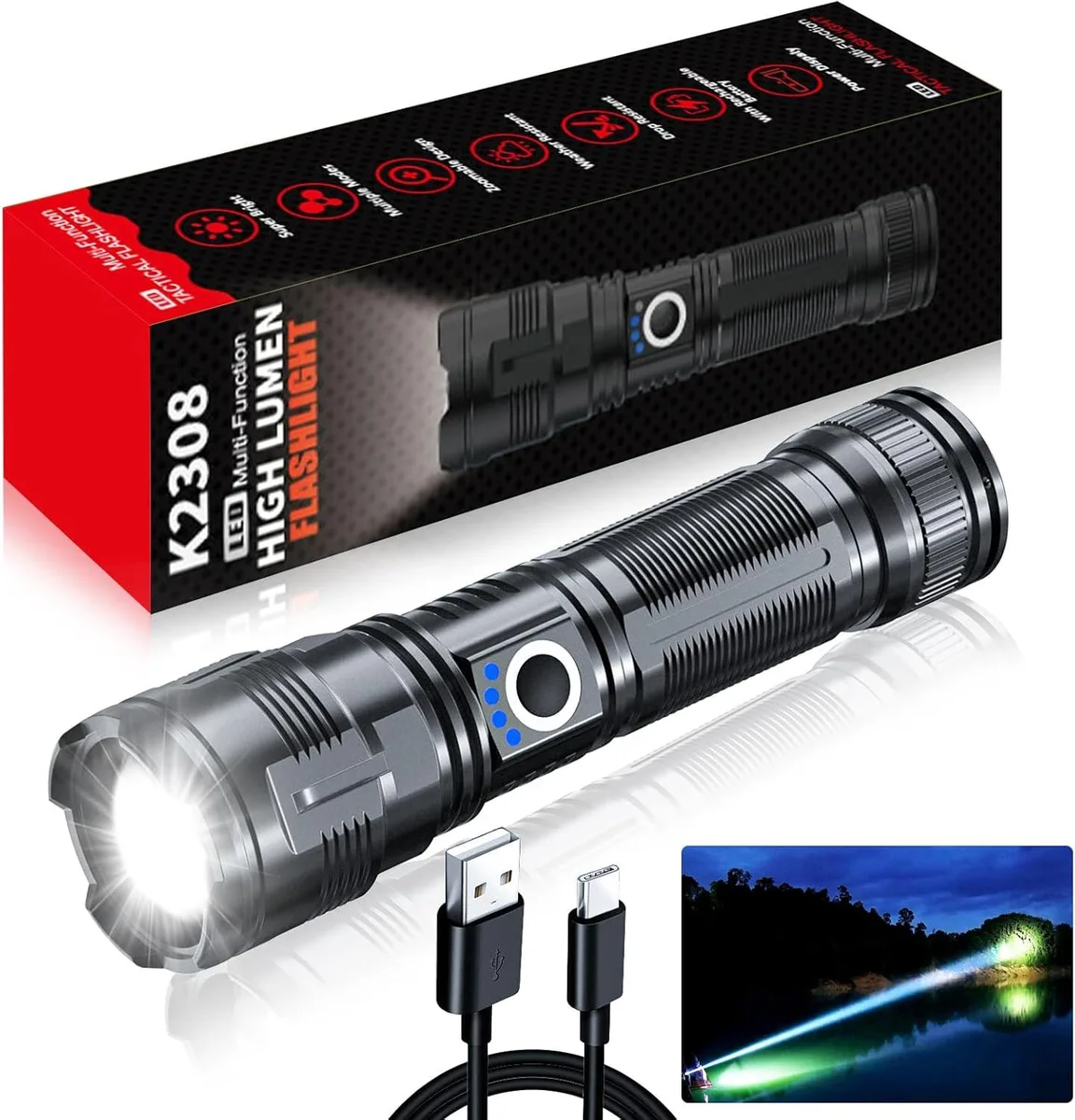 Cylindrical flashlight with hidden USB-C charging port, matte finish, tactical grip, power indicator lights