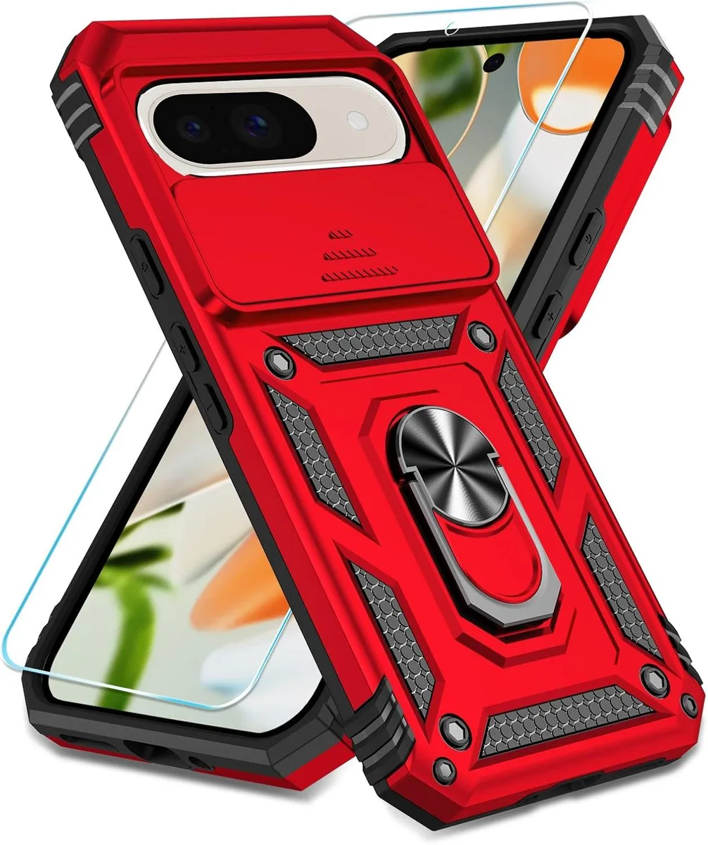 Red phone case with built-in screen protector slide camera cover and rotating ring kickstand