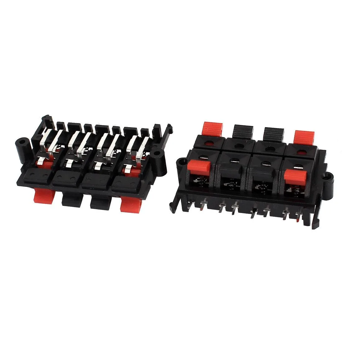 Two black rectangular speaker terminals with eight spring-loaded push-in connectors each, four red and four black