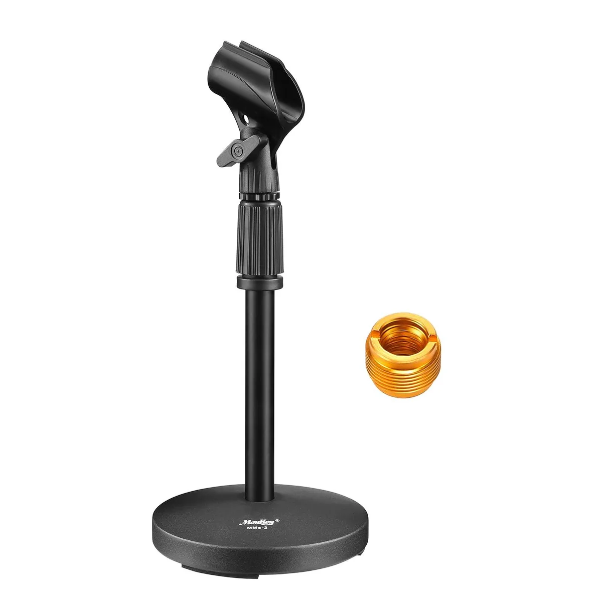 Blue metal desktop microphone stand with polished round base and adjustable vertical shaft 9.84 to 14.17 inches