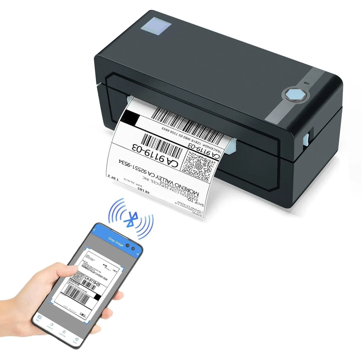 Compact blue thermal label printer with roll holder and USB port
