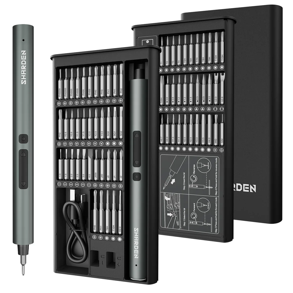 Black cylindrical screwdriver with 71 magnetic bits, three LEDs, USB-C charging, compact storage case