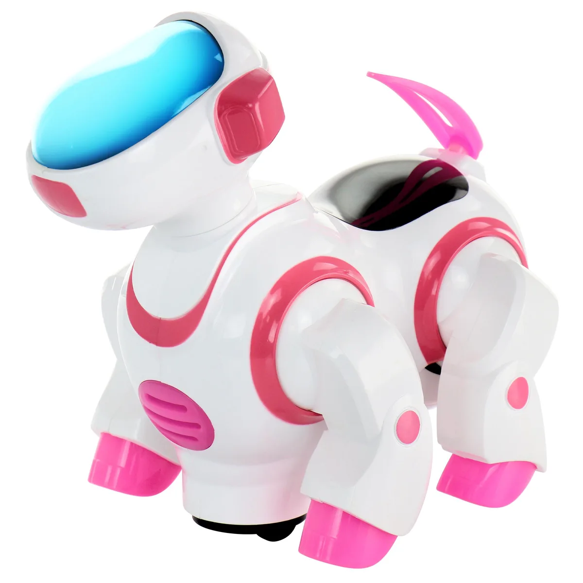 Pink plastic robot dog toy with floppy ears and wagging tail