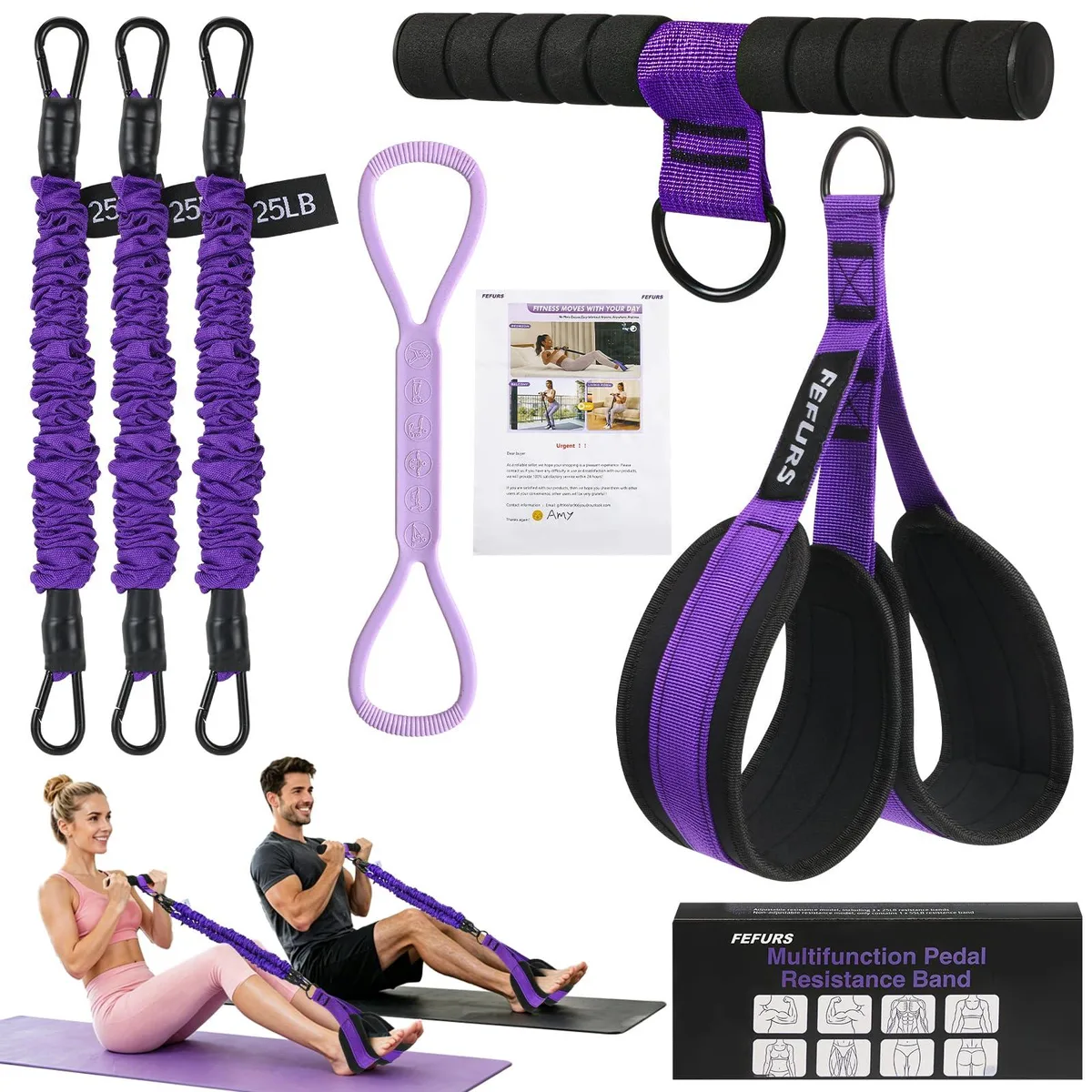  FEFURS 3 Tube Pedal Resistance Band Purple 25-75LB + 25LB Figure 8 Band — product photo