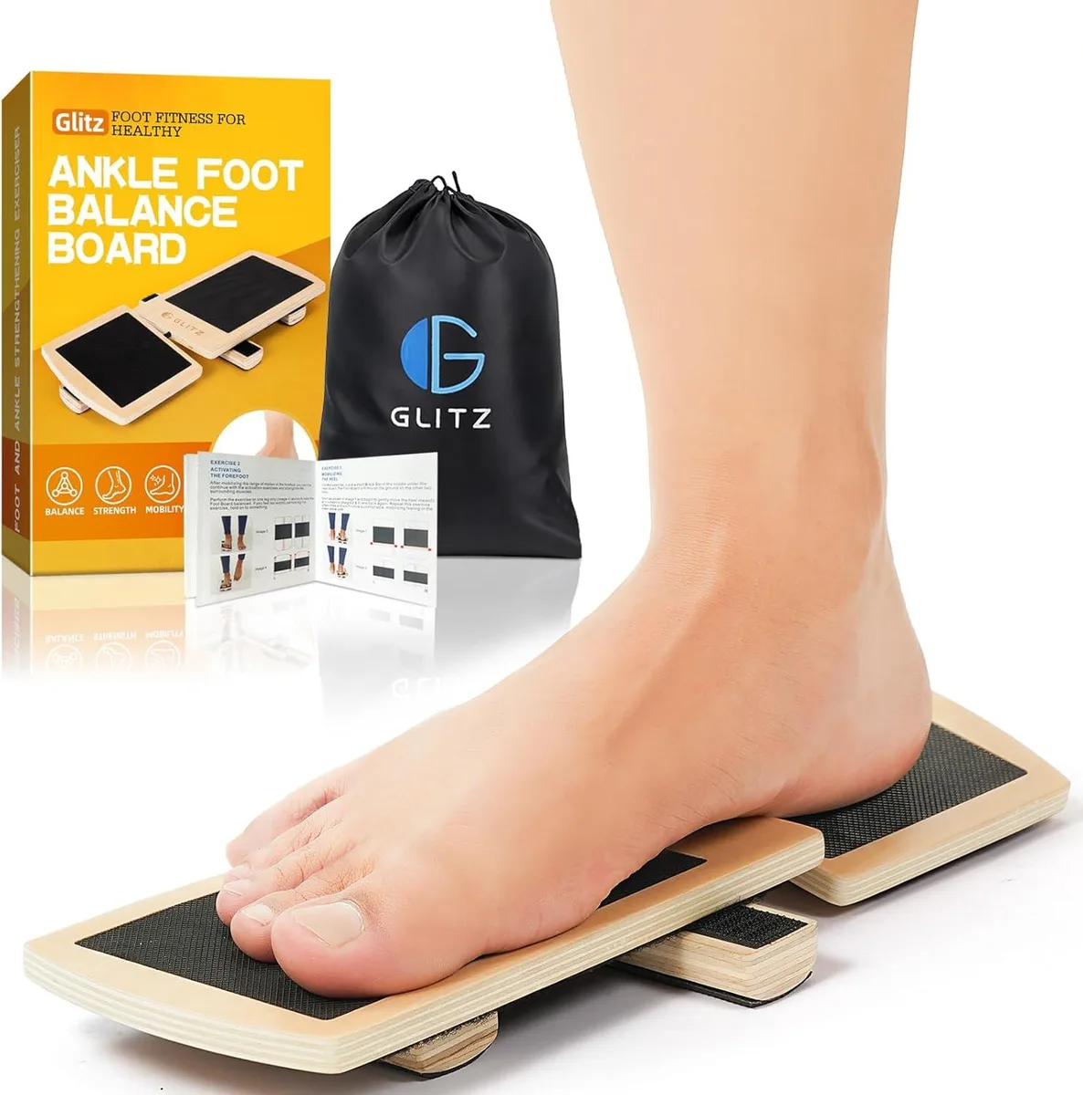 Wooden ankle balance board with black anti-slip pads and Velcro balance bars