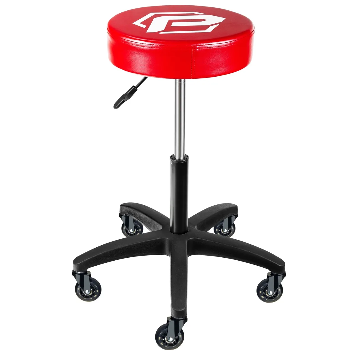 Black rolling mechanic seat with padded saddle and five wheels