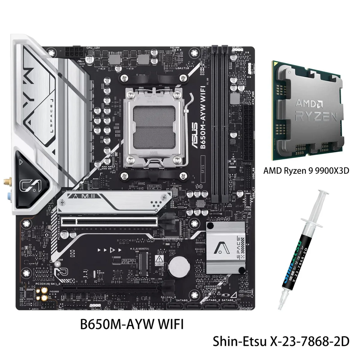 ASUS ASUS B650M-AYW WIFI + Ryzen 9 9900X3D AMD motherboard &amp; CPU combo — product photo