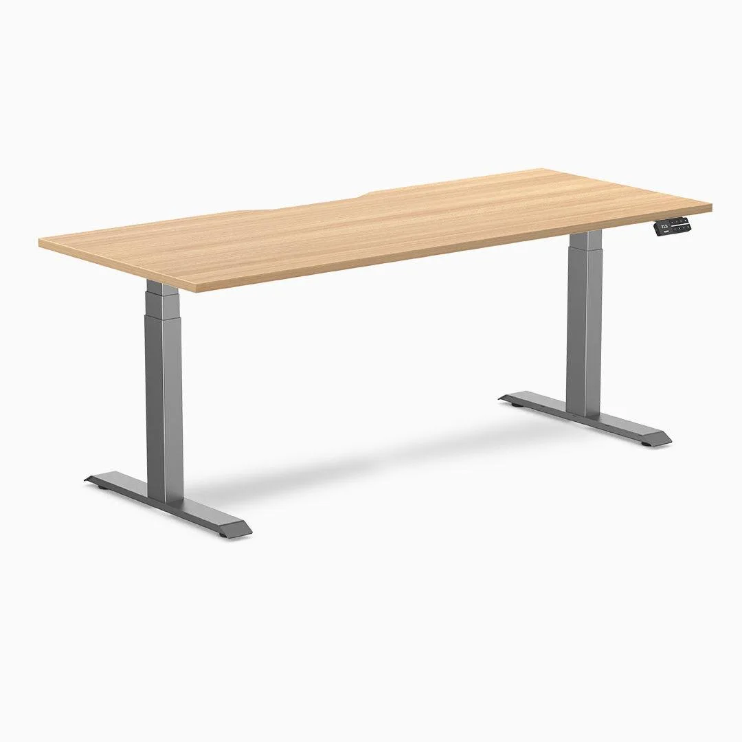 Desky Desky Dual Scalloped Sit Stand Desk Sublime Teak 70.9 x 29.5 in Space Gray office furniture — product photo