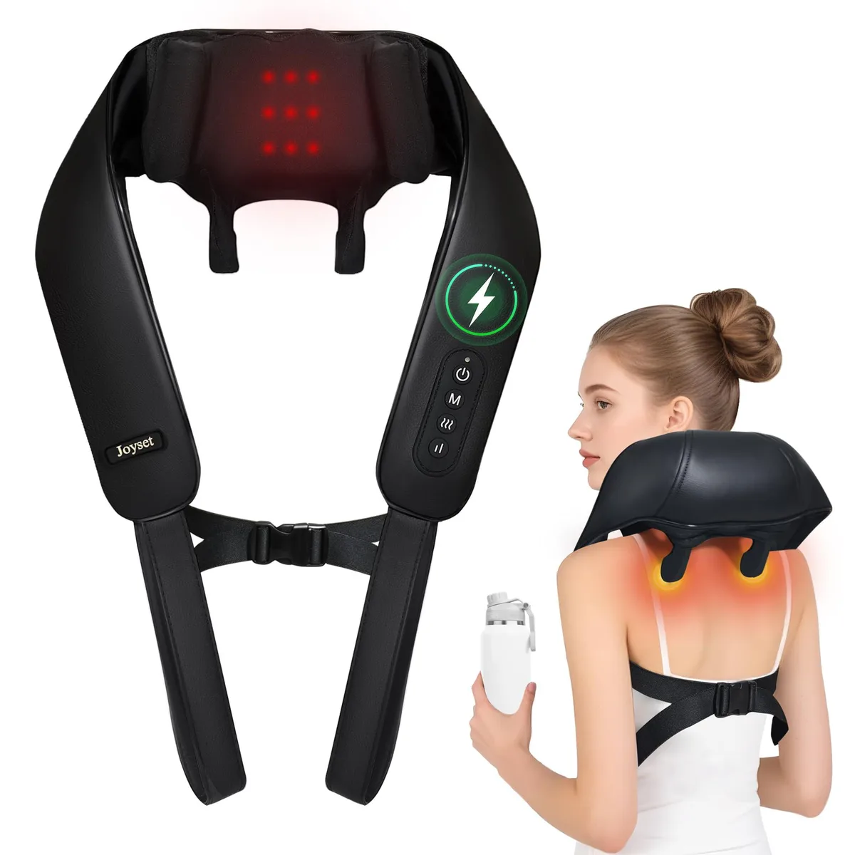 Blue U-shaped neck massager with soft silicone nodes, leather finish, cordless design