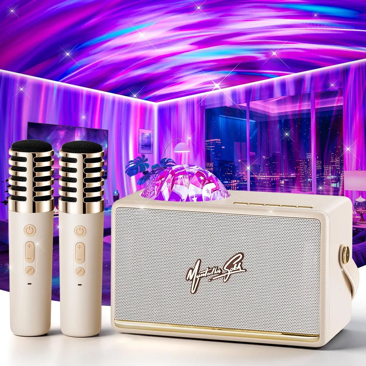  PIKOY WH-J17 Karaoke System 2 Microphones Aurora Projector 49 Light Modes 6 Voice Changers — product photo