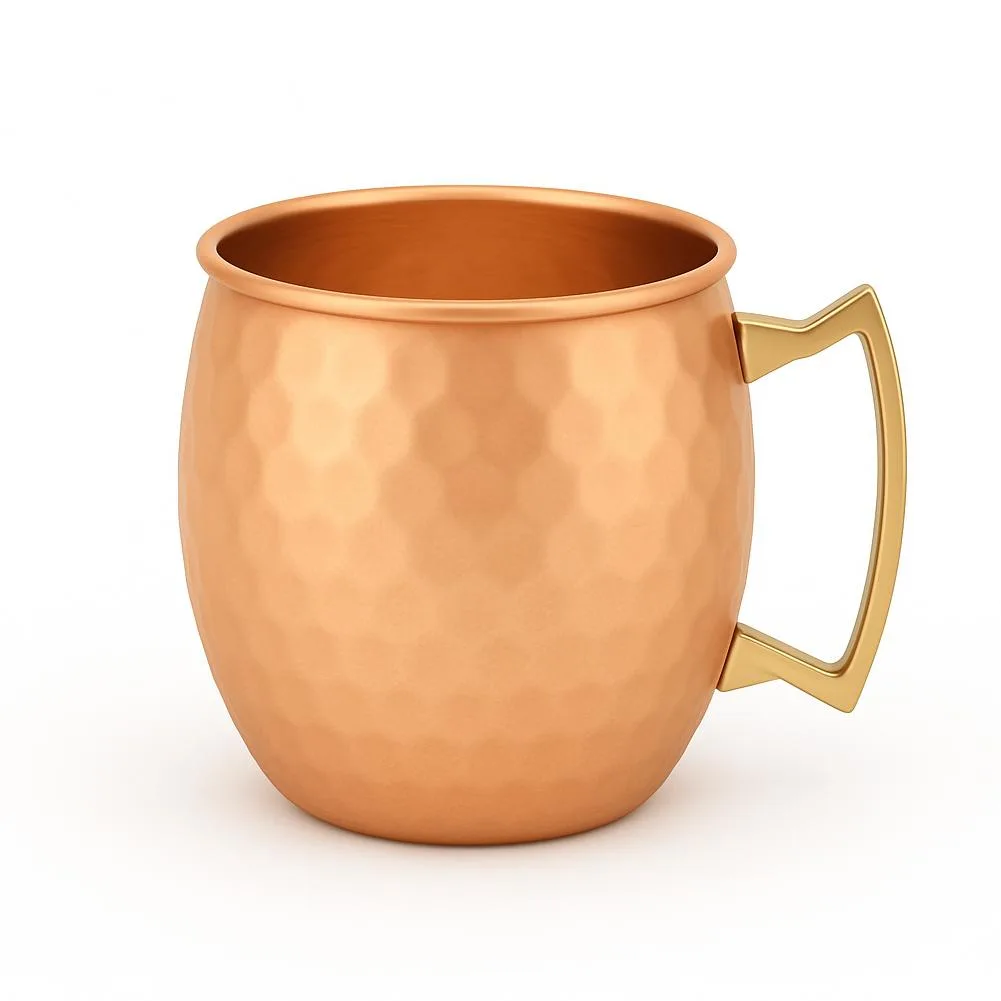 Hammered copper mule mug, brass handle, barrel shape