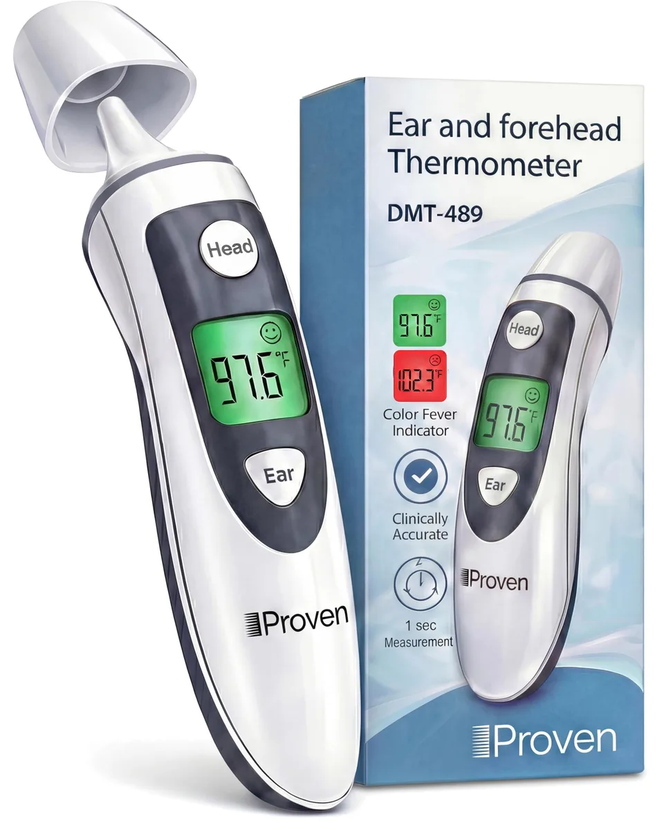 White and grey dual-mode infrared thermometer with probe cap and backlit display