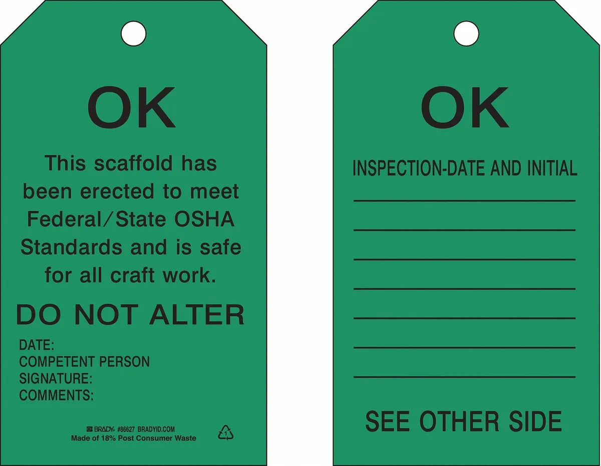 Pack of 10 rectangular Brady scaffold safety tags, black and green on white polyester