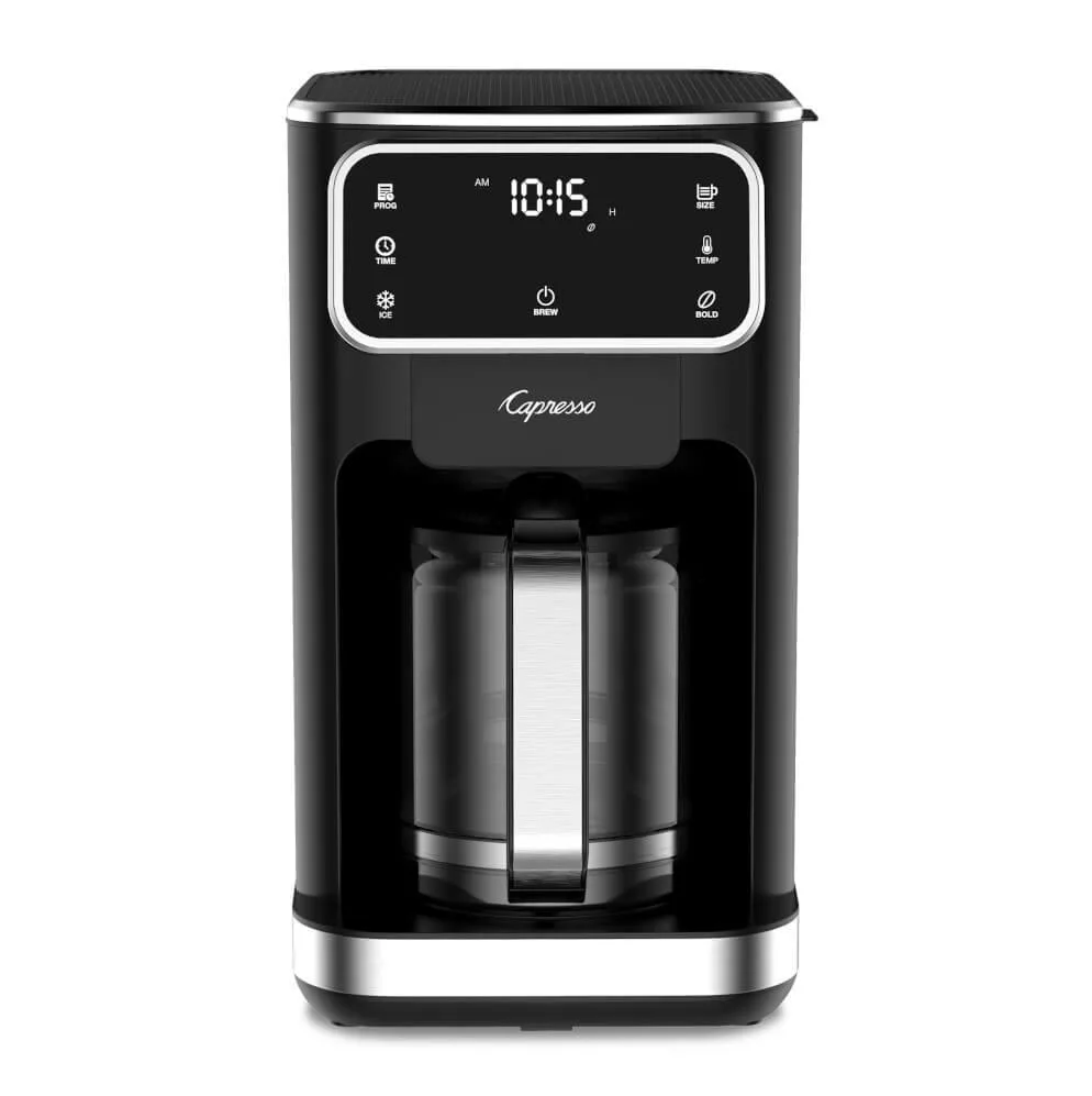 Black 12-cup coffee maker with touchscreen panel and glass carafe