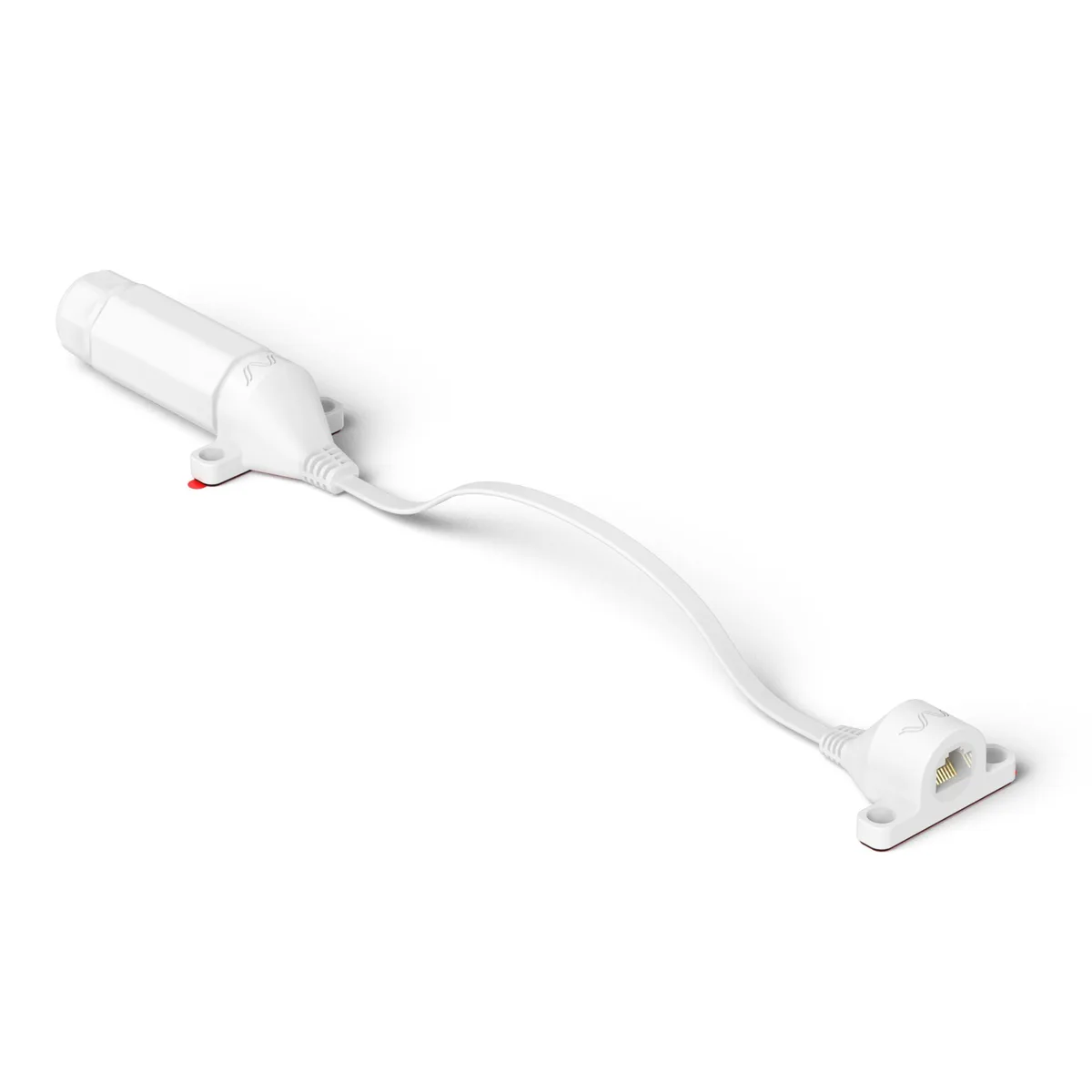 White ultra-flat CAT6A Ethernet window entry cable with RJ45 connectors and weatherproof sleeve
