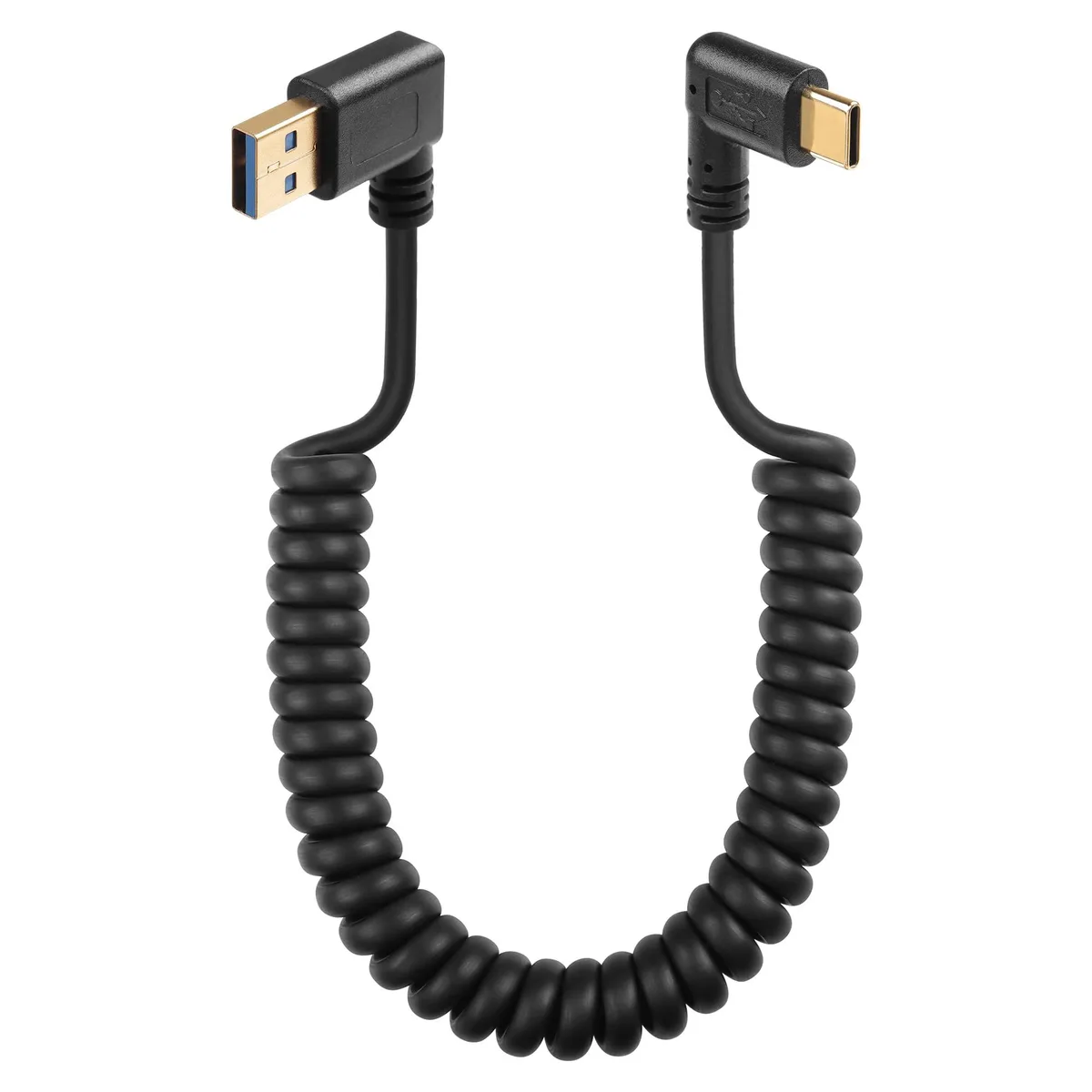 Coiled USB-C spring cable with 90-degree right-angled connector, gold-plated ends, black PVC jacket