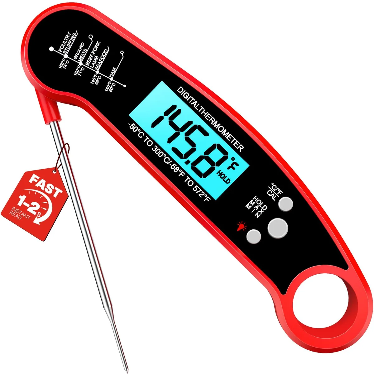Red digital instant-read thermometer with fold-out probe and backlit display
