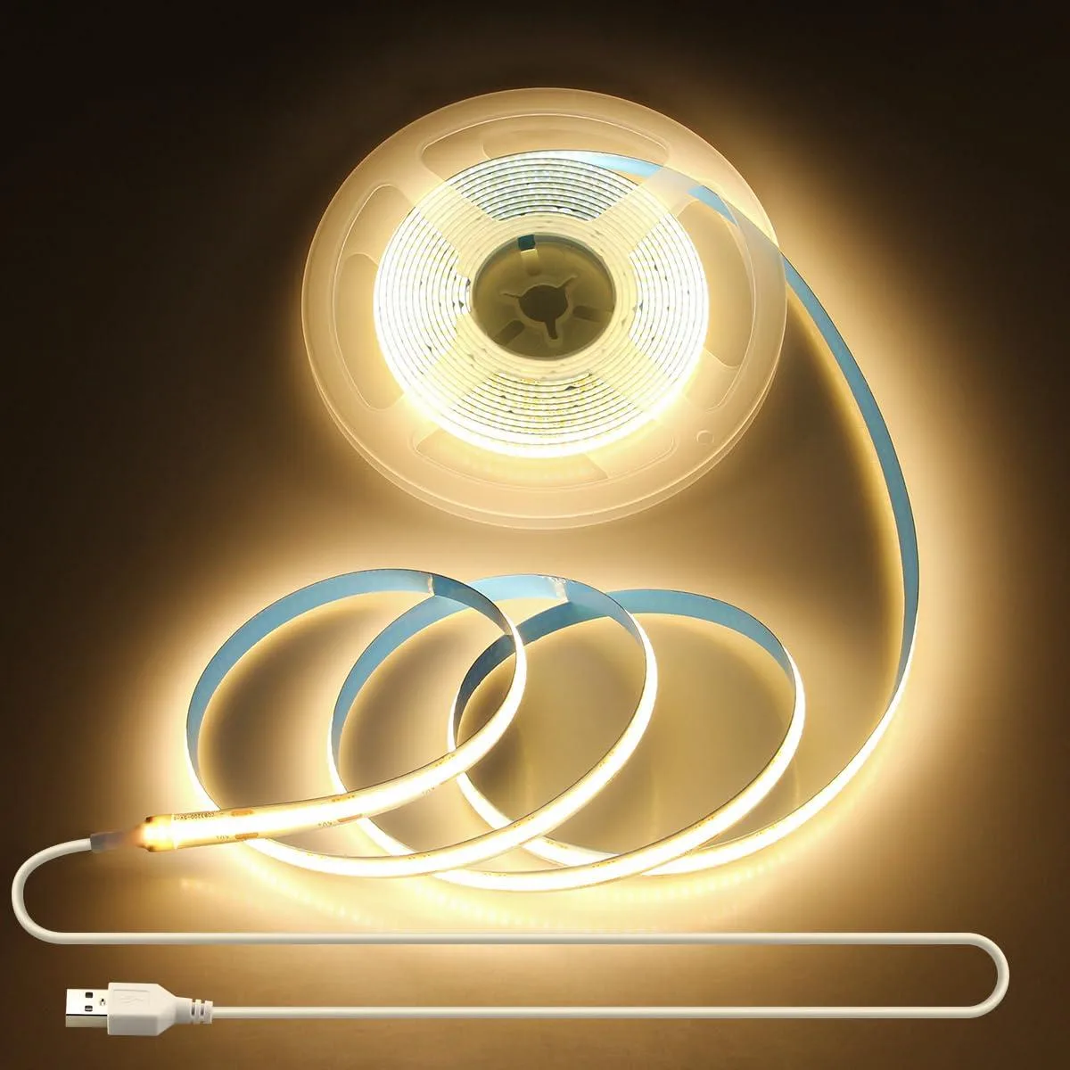 Flexible white LED strip on a reel, USB powered, 10ft length, warm white glow