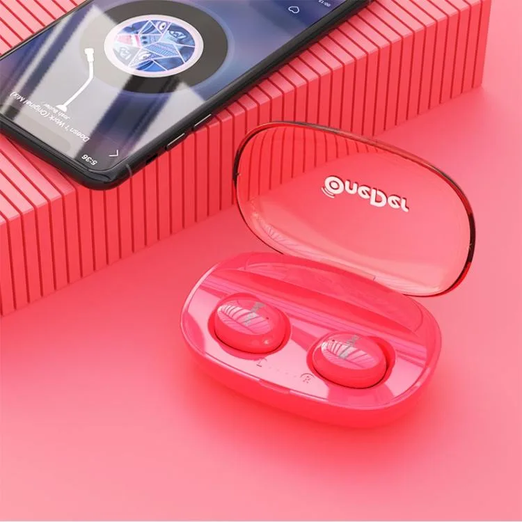 Red wireless earbuds in charging case with Micro USB port